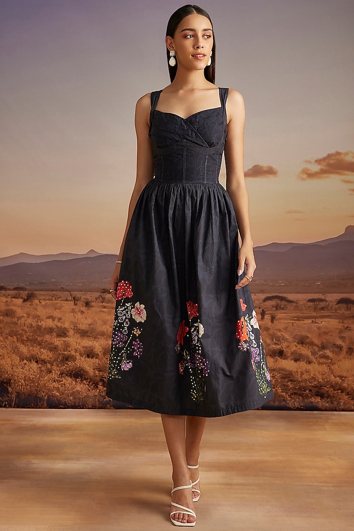 Navy Blue Cotton Floral Printed Dress by Verb by Pallavi Singhee