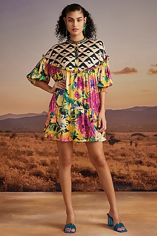 Mustard Viscose Crepe Printed Dress by Verb by Pallavi Singhee
