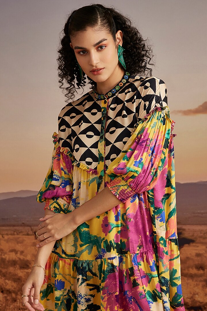 Mustard Viscose Crepe Printed Summer Dress by Verb by Pallavi Singhee at Pernia's Pop Up Shop