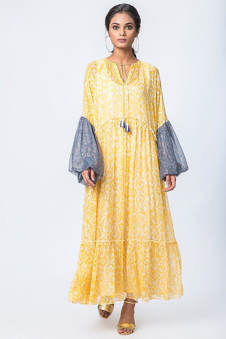 Yellow Printed Tiered Dress by Verb by Pallavi Singhee