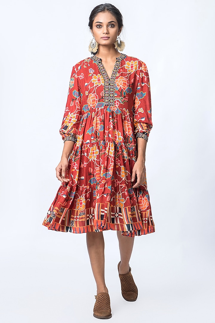 Brown Printed & Embroidered Dress by Verb by Pallavi Singhee