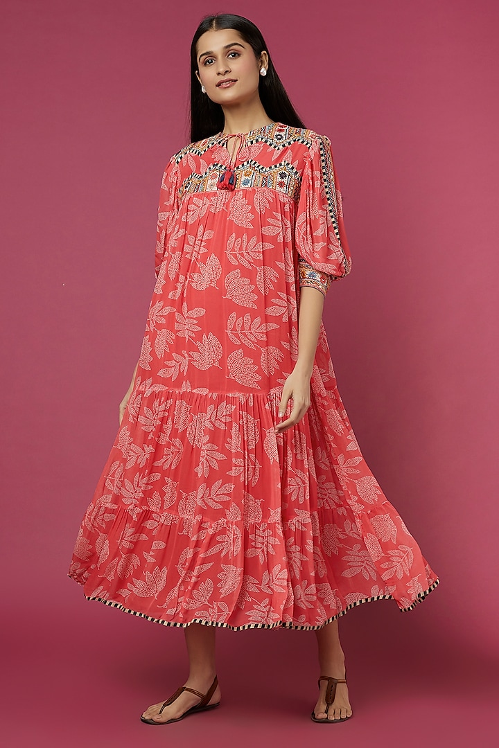 Pink Printed Embroidered Dress by Verb by Pallavi Singhee