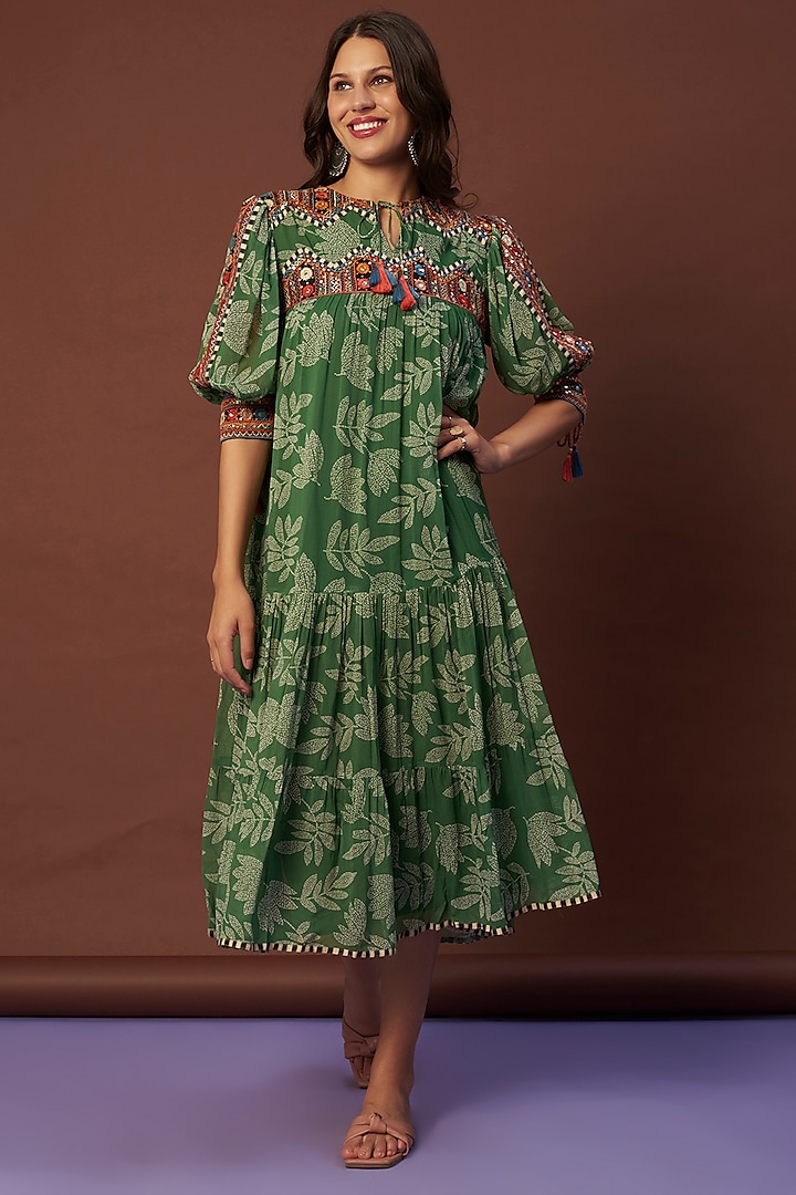 Green Printed Embroidered Dress by Verb by Pallavi Singhee