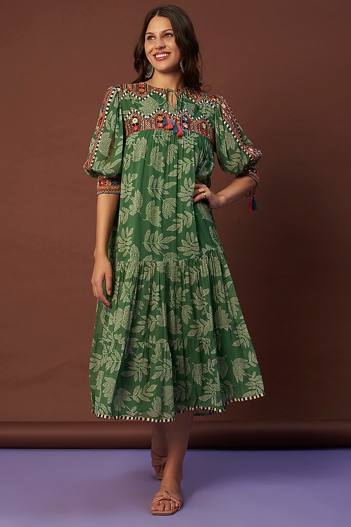 Green Printed Embroidered Vacation Dress by Verb by Pallavi Singhee at Pernia's Pop Up Shop