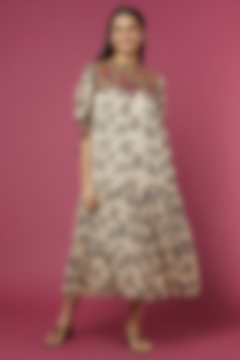 Beige Printed & Embroidered Dress by Verb by Pallavi Singhee