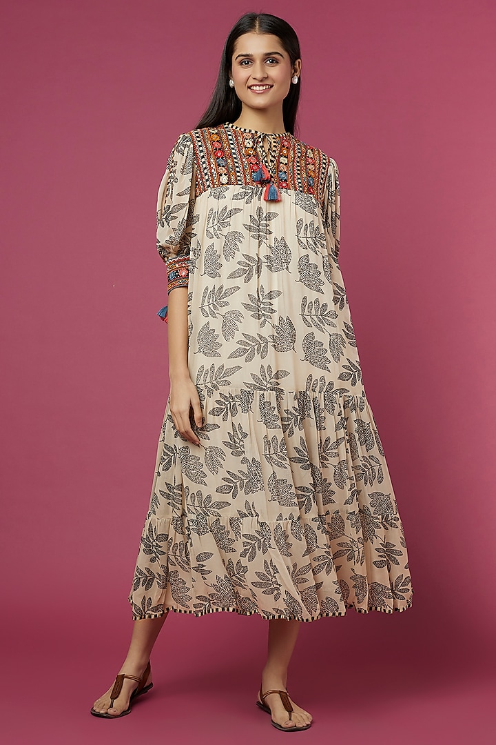 Beige Printed & Embroidered Dress by Verb by Pallavi Singhee