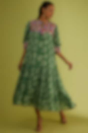 Green Printed & Embroidered Dress by Verb by Pallavi Singhee