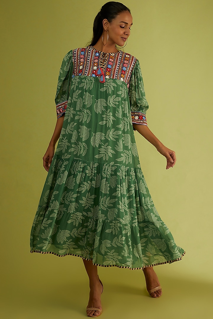 Green Printed & Embroidered Dress by Verb by Pallavi Singhee