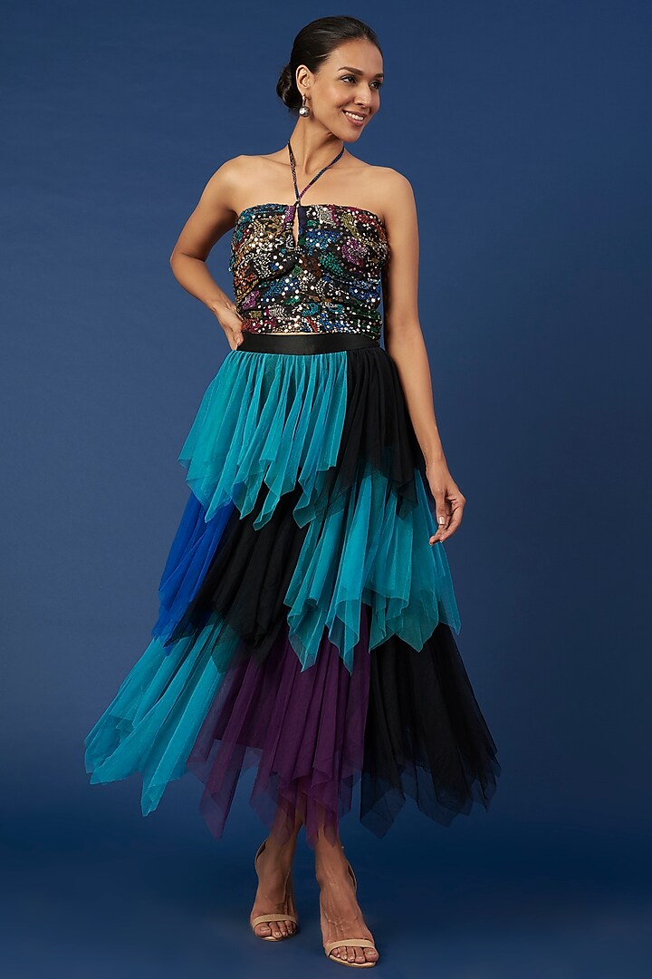 Multi-Colored Tulle Asymmetric Skirt by Verb by Pallavi Singhee