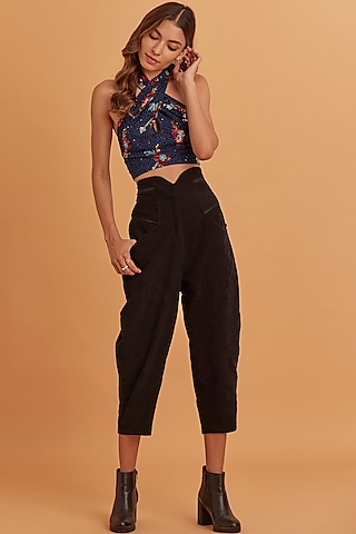 Navy Viscose Georgette Cropped Blouse by Verb by Pallavi Singhee