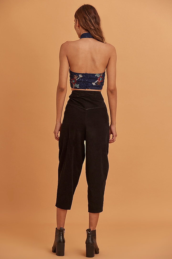 Navy Viscose Georgette Cropped Blouse by Verb by Pallavi Singhee at Pernia's Pop Up Shop