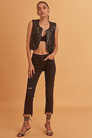 Black Leather Sequinned Jacket by Verb by Pallavi Singhee