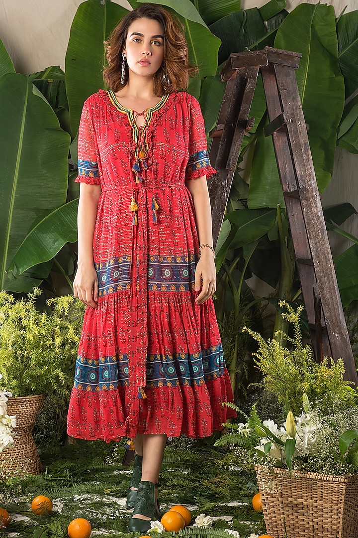 Red Boho Printed Maxi Dress by Verb by Pallavi Singhee