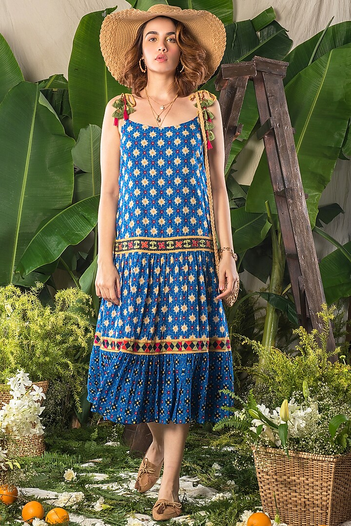 Cobalt Blue Printed Maxi Dress Design by Verb by Pallavi Singhee at ...