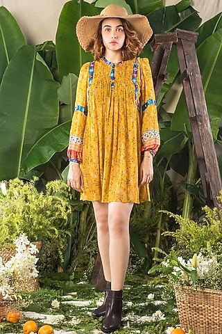 Mustard Printed Georgette Tunic by Verb by Pallavi Singhee
