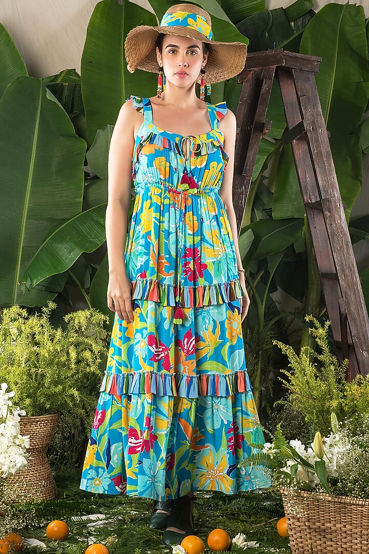 Powder Blue Printed Maxi Summer Dress by Verb by Pallavi Singhee at Pernia's Pop Up Shop