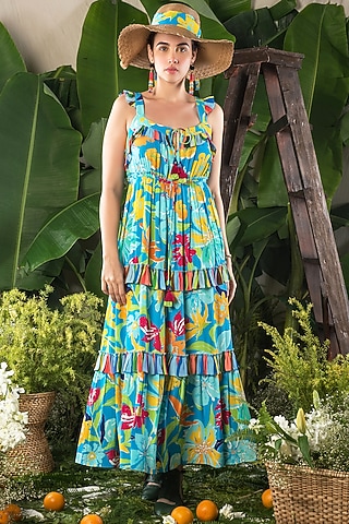 Powder Blue Printed Maxi Dress by Verb by Pallavi Singhee