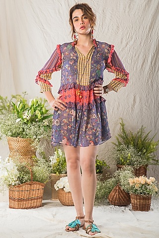 Mauve & Yellow Printed Dress by Verb by Pallavi Singhee