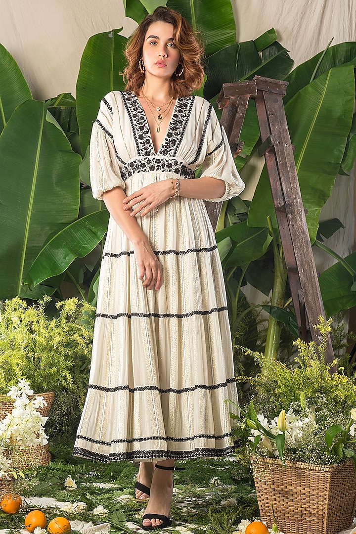 Ivory Embroidered Drop Shoulder Dress by Verb by Pallavi Singhee