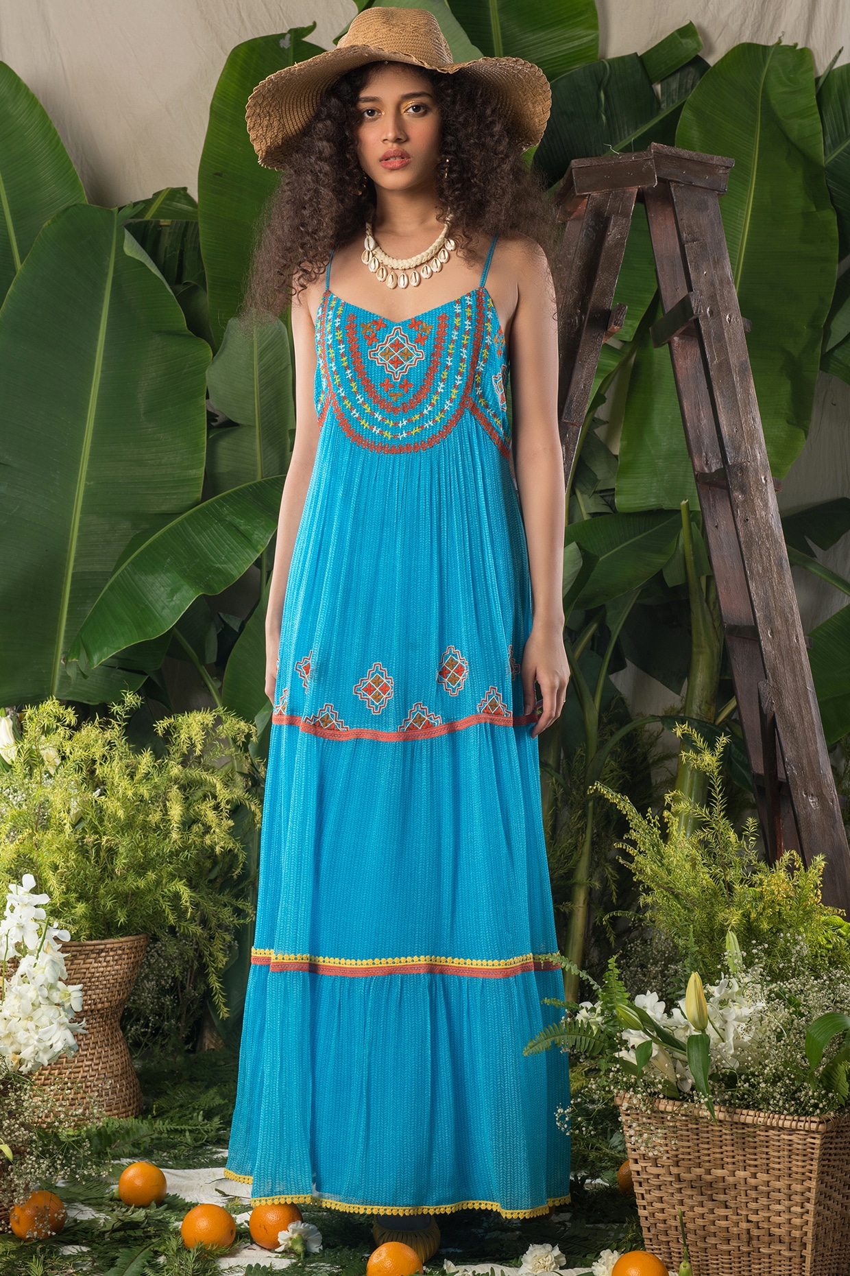 Blue Leaf Printed Maxi Dress Design by 