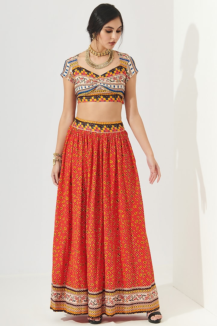 Orange Printed Gathered Skirt Set by Verb by Pallavi Singhee