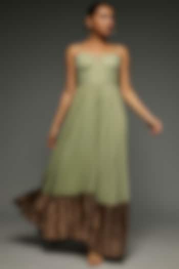 Green Polyester Pleated Spaghetti Dress by Verb by Pallavi Singhee