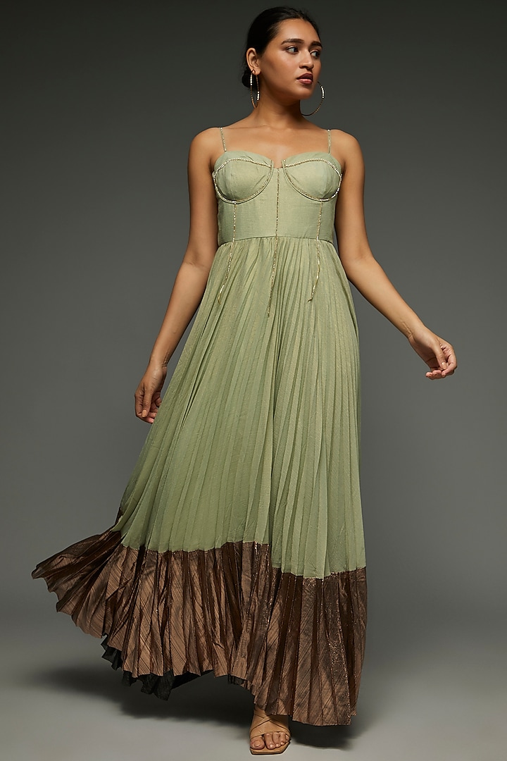 Green Polyester Pleated Spaghetti Dress by Verb by Pallavi Singhee