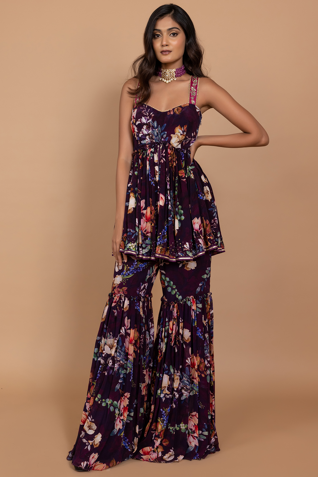Deep Purple Georgette Printed Wedding Sharara Set by Varun Bahl Pret at Pernia's Pop Up Shop