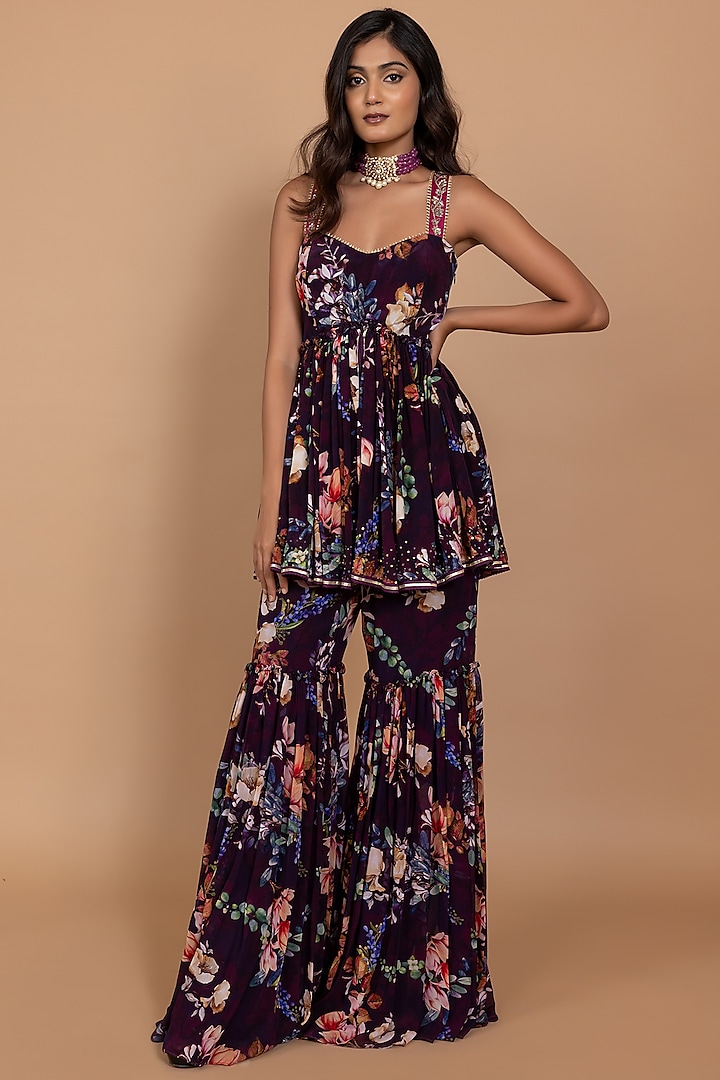 Deep Purple Georgette Printed Wedding Sharara Set by Varun Bahl Pret at Pernia's Pop Up Shop