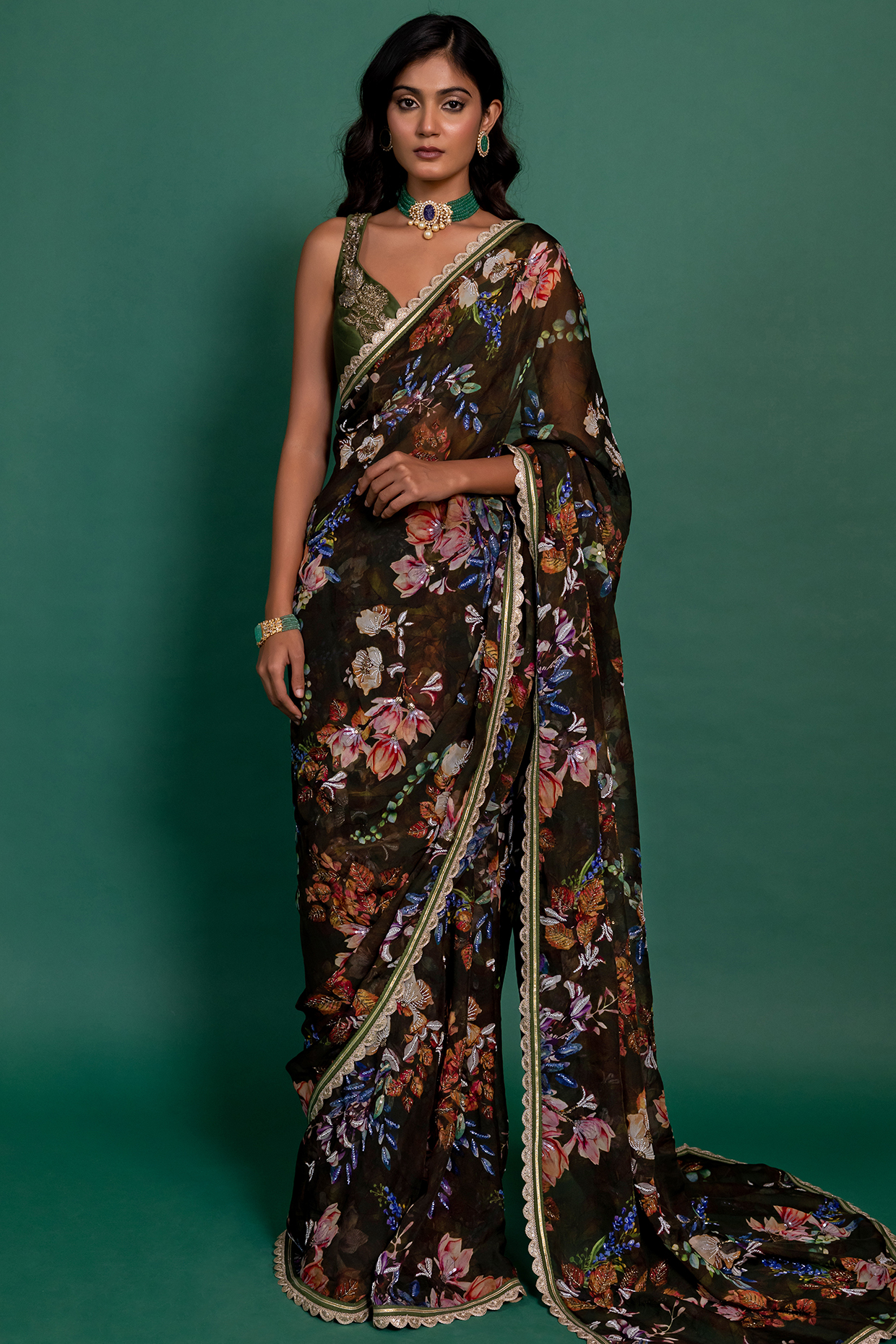 Olive Green Organza Floral Printed & Embroidered Saree Set by Varun Bahl Pret