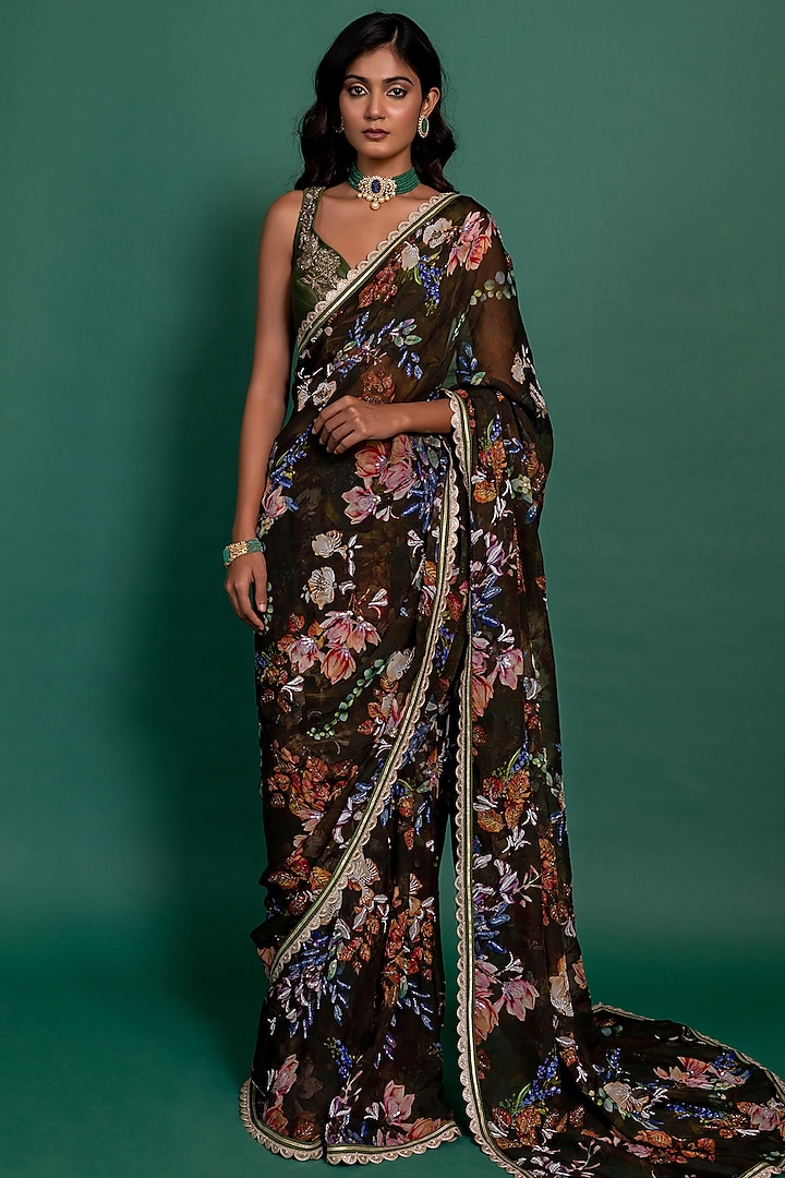 Olive Green Organza Floral Printed & Embroidered Saree Set by Varun Bahl Pret