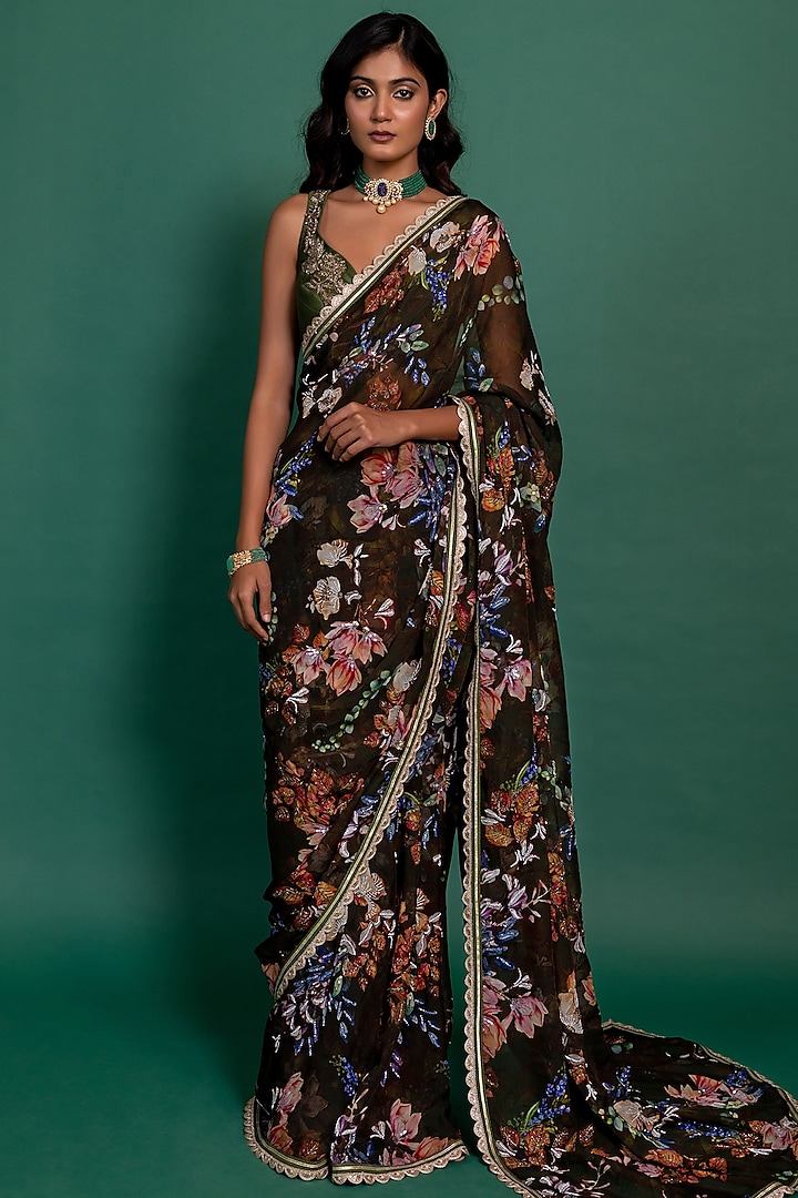 Olive Green Organza Floral Printed & Embroidered Saree Set by Varun Bahl Pret