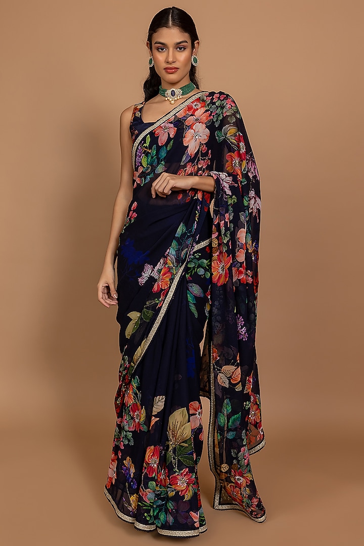 Midnight Blue Georgette Printed & Embroidered Saree Set by Varun Bahl Pret