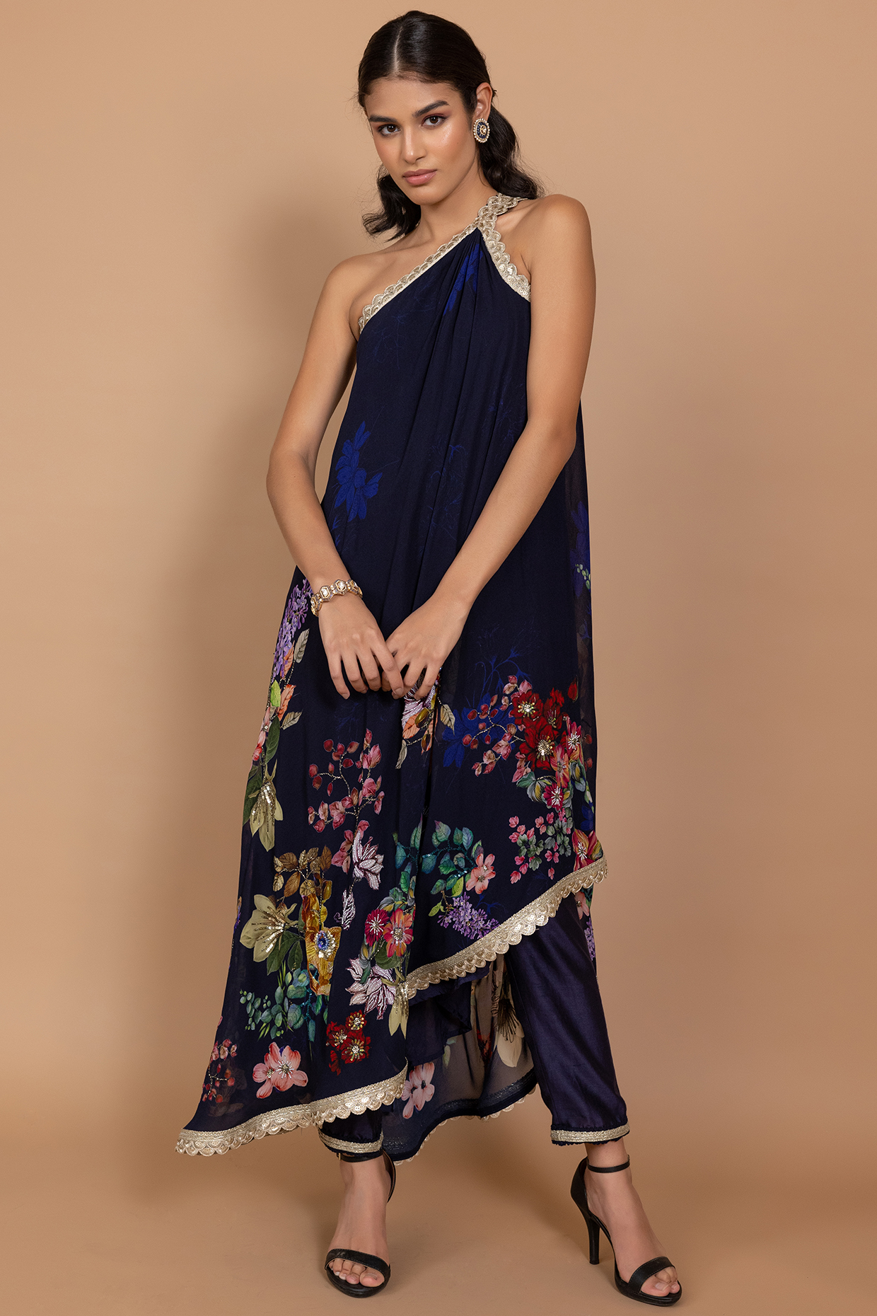 Midnight Blue Georgette Printed Tunic Set by Varun Bahl Pret at Pernia's Pop Up Shop