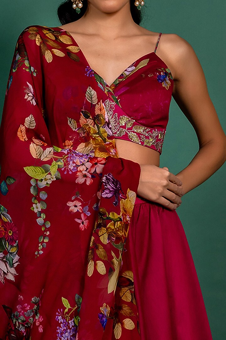 Fuchsia Pink Chanderi Printed & Embroidered Wedding Lehenga Set by Varun Bahl Pret at Pernia's Pop Up Shop