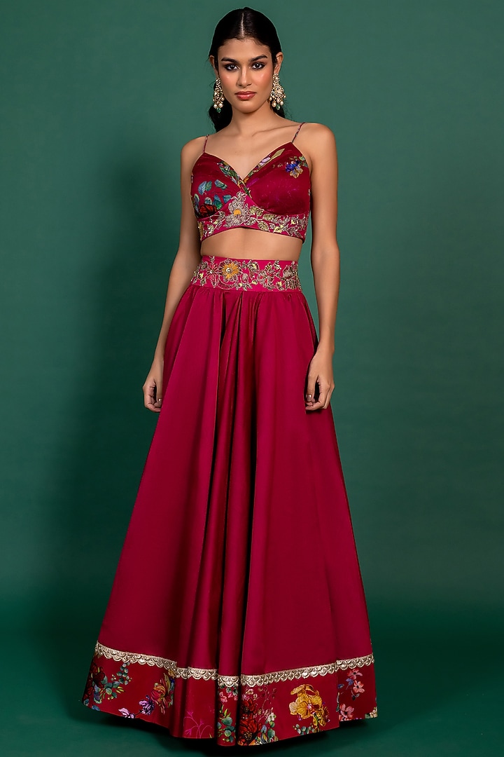 Fuchsia Pink Chanderi Printed & Embroidered Wedding Lehenga Set by Varun Bahl Pret at Pernia's Pop Up Shop