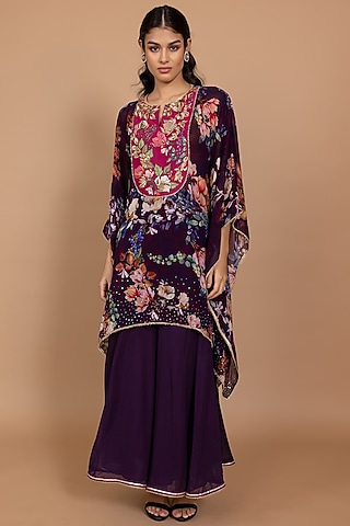 Purple Georgette Embroidered & Printed Kaftan Set by Varun Bahl Pret