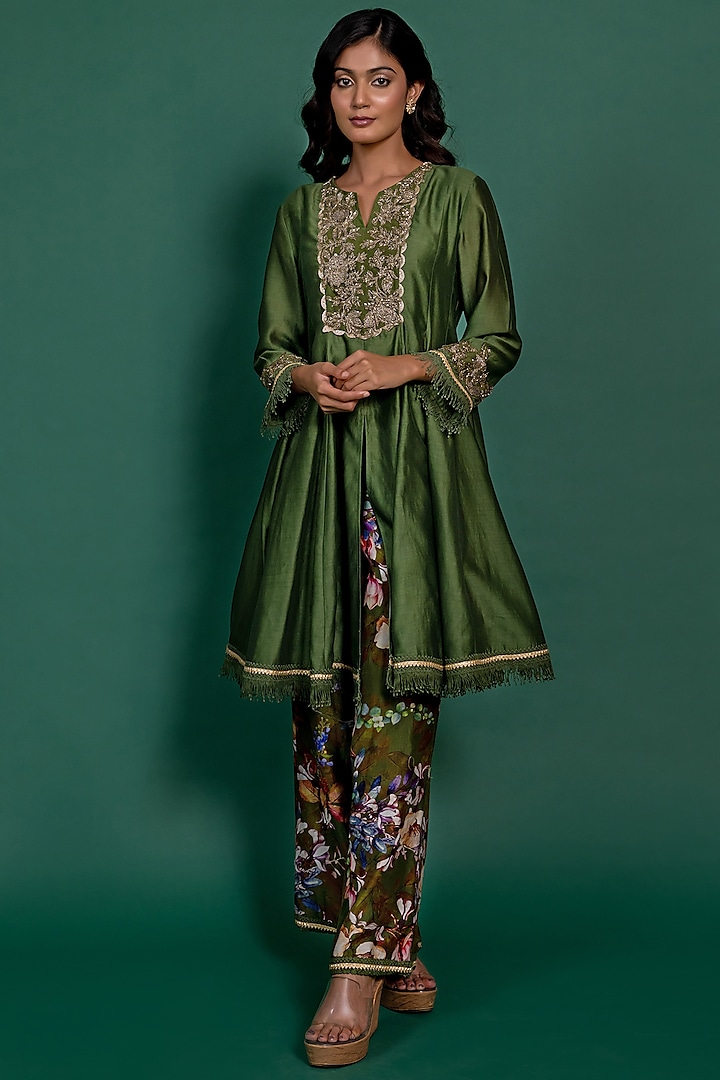Olive Green Chanderi Embellished Kalidar Kurta set by Varun Bahl Pret