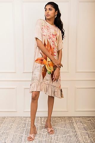 Beige Modal Satin Printed Tiered Dress by Varun Bahl Pret