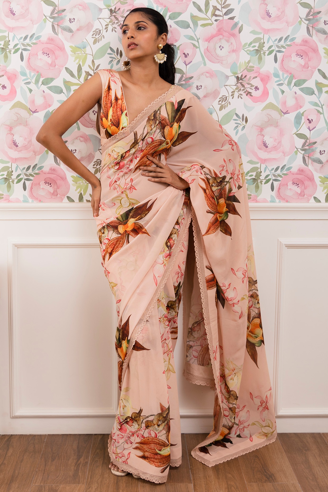 Baby Pink Floral Printed Satin Crepe Saree – Ethnos