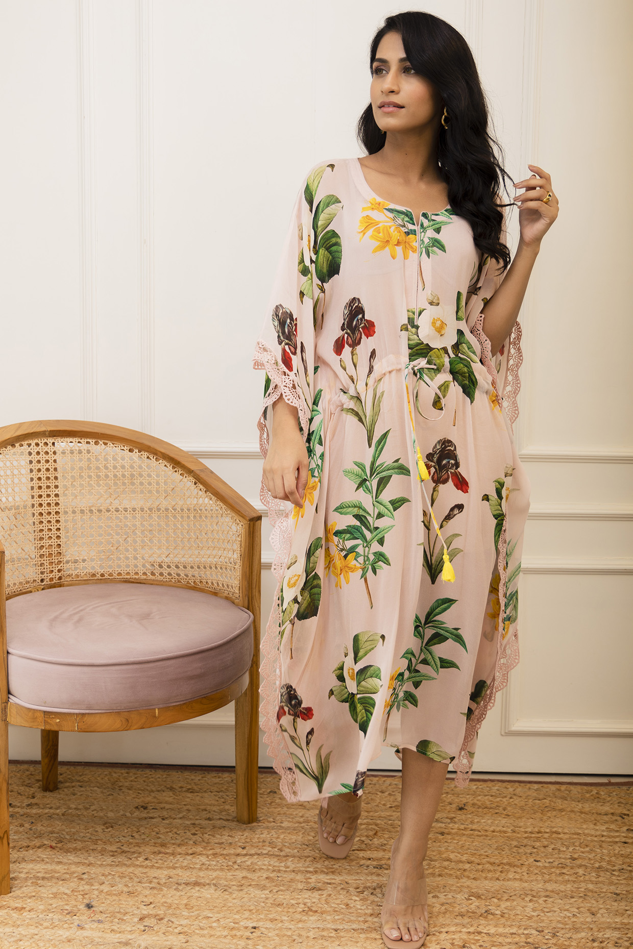 Beige Georgette Floral Printed Kaftan by Varun Bahl Pret