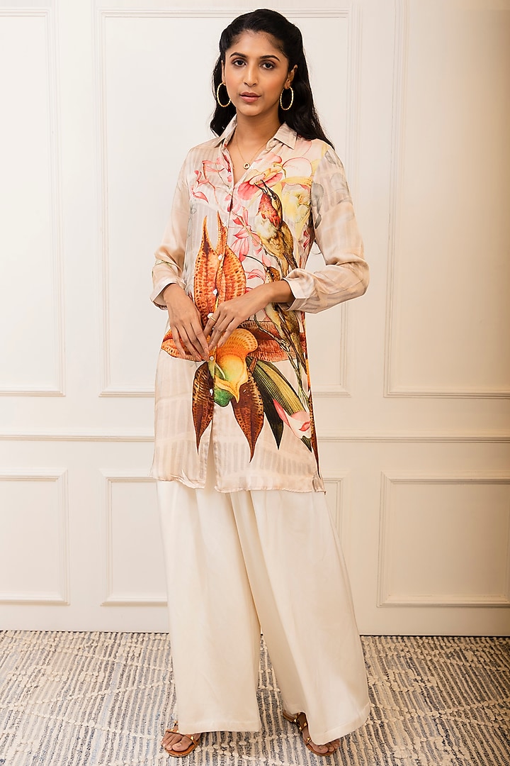 Beige Modal Satin Printed Tunic by Varun Bahl Pret