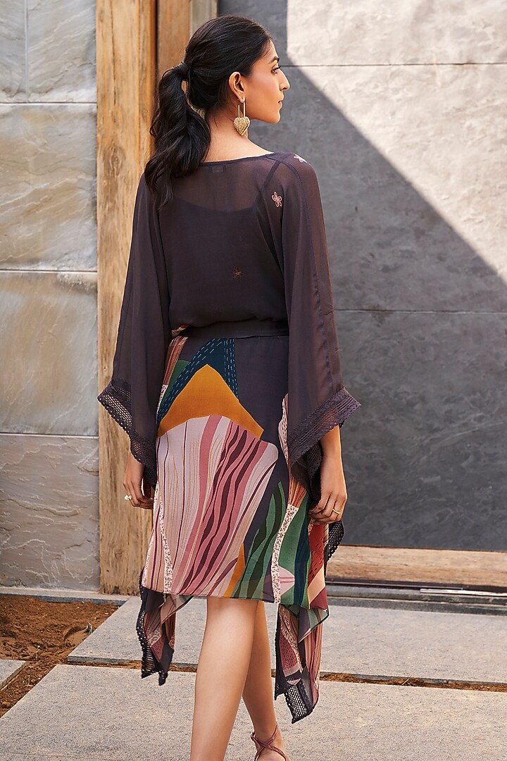Charcoal Grey Georgette Printed Kaftan With Belt by Varun Bahl Pret at Pernia's Pop Up Shop