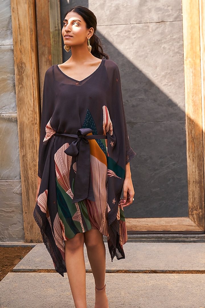 Charcoal Grey Georgette Printed Kaftan With Belt by Varun Bahl Pret at Pernia's Pop Up Shop