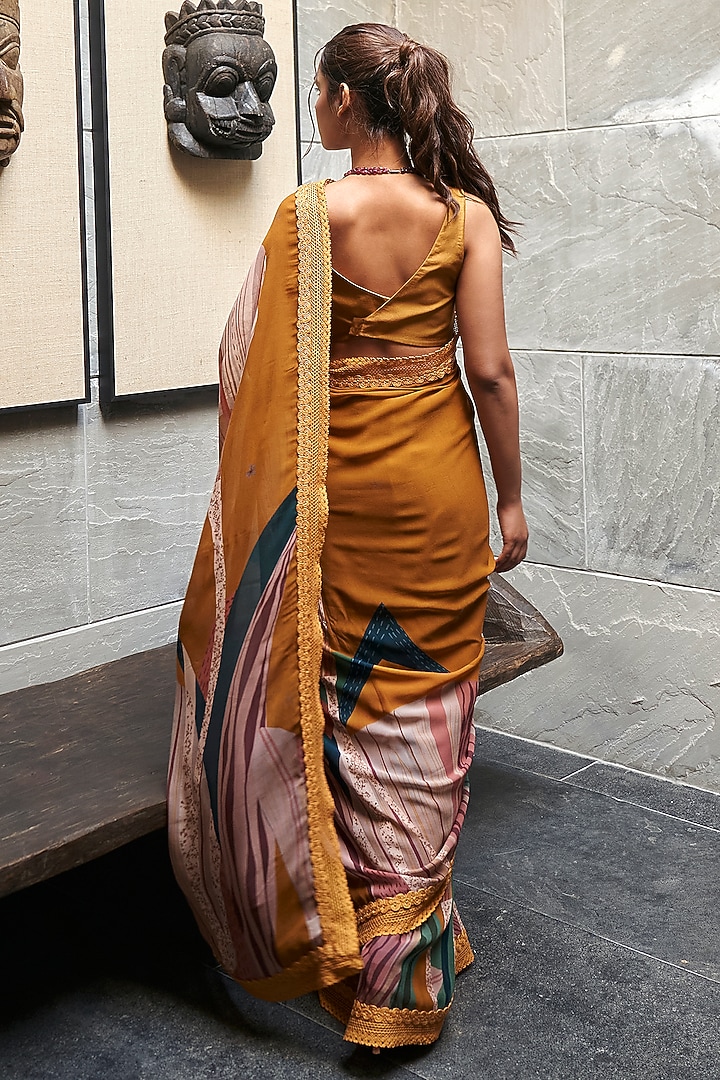 Mustard Yellow Georgette Printed Party Wear Saree Set by Varun Bahl Pret at Pernia's Pop Up Shop