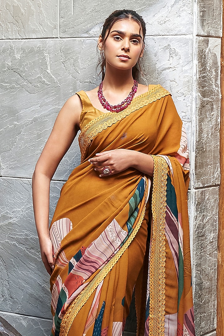 Mustard Yellow Georgette Printed Party Wear Saree Set by Varun Bahl Pret at Pernia's Pop Up Shop