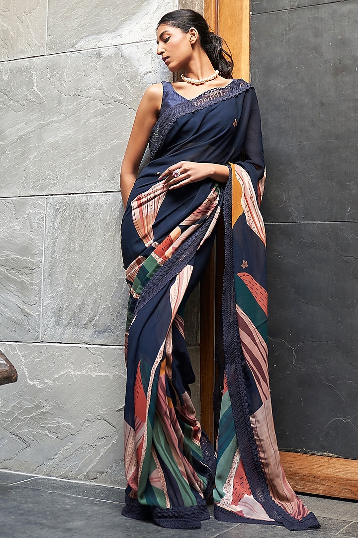 Midnight Blue Georgette Printed Saree Set by Varun Bahl Pret