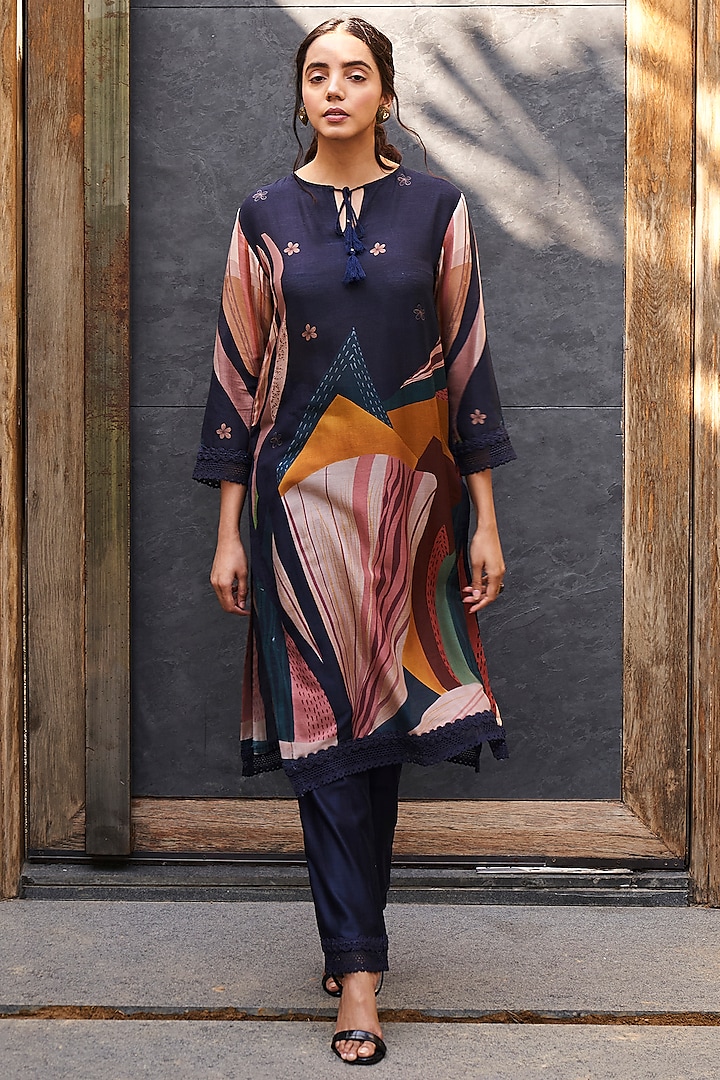 Midnight Blue Chanderi Printed Kurta Set by Varun Bahl Pret