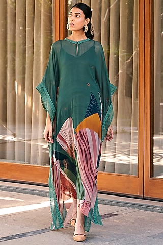 Sage Green Georgette Printed Kaftan by Varun Bahl Pret