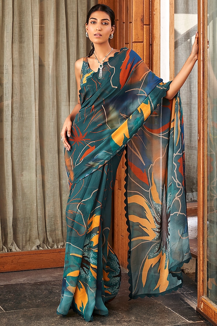 Teal Green Georgette Printed Saree Set by Varun Bahl Pret